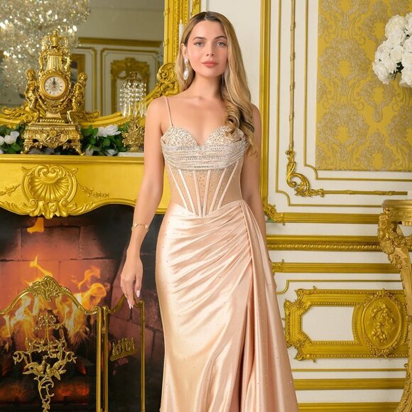 New Pearls Embellished Evening Soft Satin Dress w/ Sweetheart Neckline GL3807 - Picture 3 of 12